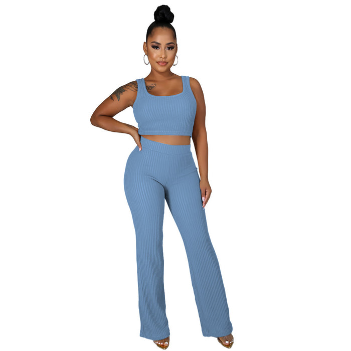 Color-Light Blue-Summer Women Clothing High Elastic Sunken Stripe Sleeveless Solid Color Blouse Pants-Fancey Boutique