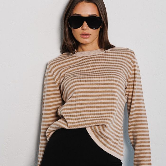 Striped Sweater Autumn Trendy Thread Contrast Color round Neck Knitted Striped Sweater-Fancey Boutique