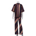 Summer Casual Women Five Quarter Sleeve Striped Printed Shirt High Waist Trousers Two Piece Set-Brown-Fancey Boutique