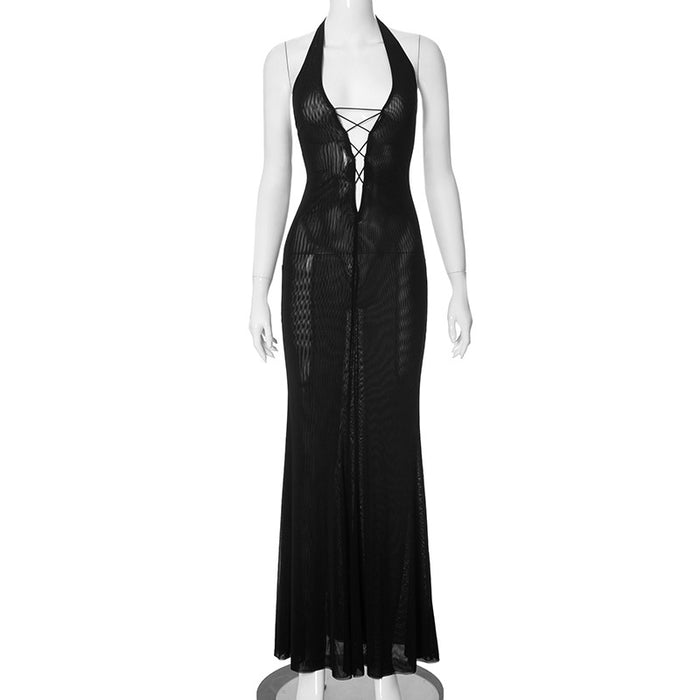 Summer Elegant Socialite Backless Lace Up Dress-Black-Fancey Boutique