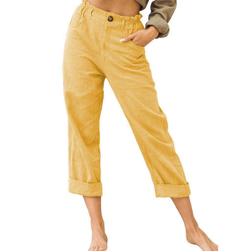 Color-Yellow-Women Clothing Summer Solid Color Cotton Linen Loose High Waist Casual Trousers-Fancey Boutique