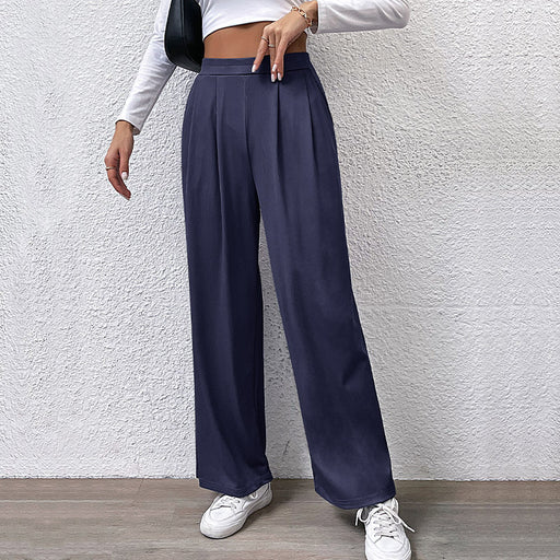 Fall Women Clothing Solid Color Rib Fabric Casual Wide Leg Pants-Purplish blue-Fancey Boutique