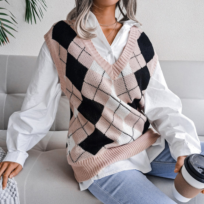 Color-Pink-Autumn Winter College Rhombus V-neck Casual Loose Knit Vest Sweater Women Clothing-Fancey Boutique