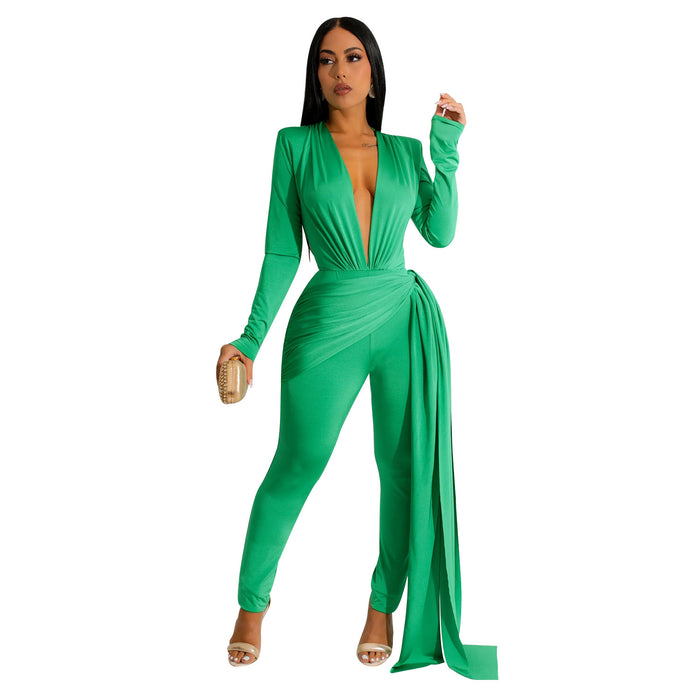 Color-Green-Summer Women Sexy Tight V neck Long Sleeve Jumpsuit Women-Fancey Boutique