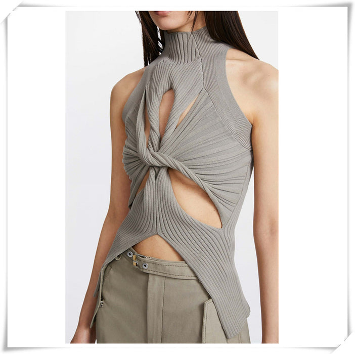 Color-Gray-Minority Chest Hollow Out Cutout Twist Design Spring Irregular Asymmetric Hem Sleeveless Turtleneck Knitting Vest-Fancey Boutique