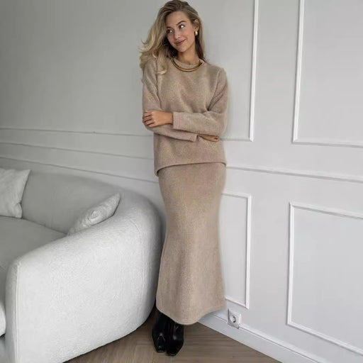 Autumn Winter Elegant Soft Thickened Round Neck Sweater Fishtail Skirt Two Piece Set Women Office Lady Top Skirt Set-Khaki-Fancey Boutique