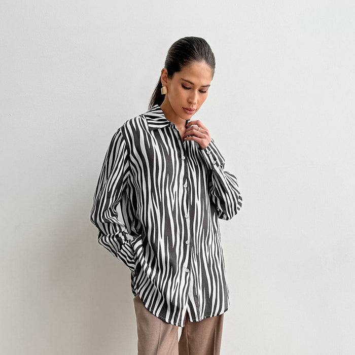 Autumn Printed All Matching Zebra Print Loose Collared Long Sleeves Shirt Russian Classic Retro Shacket Women