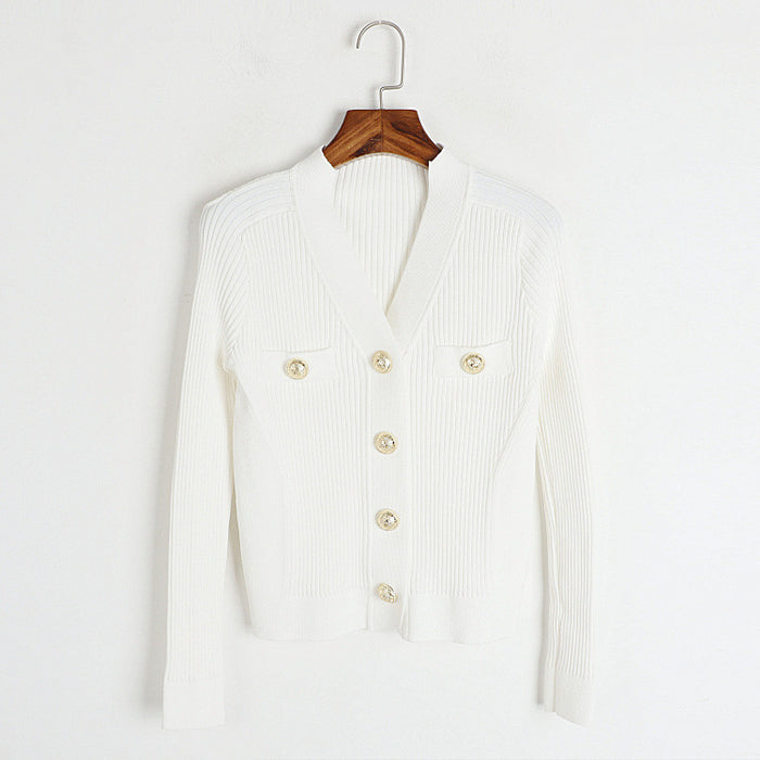 Color-White Cardigan-Round Neck Metal Buckle Set Early Autumn Winter French Faux Pocket Stand Collar Jacket with Skirt Knitted Two Piece-Fancey Boutique