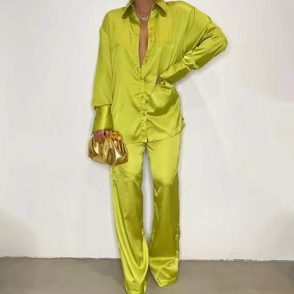 Color-Yellow-Spring Summer Popular Color Casual Polo Collar Shirt Pants Suit-Fancey Boutique