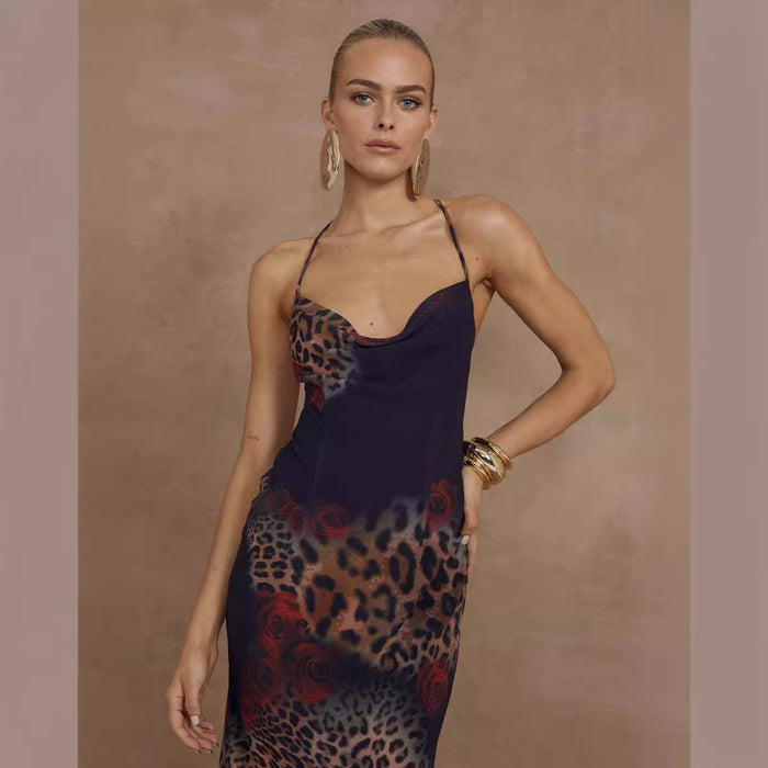 Women Clothing Sexy Backless Shoulder Strap Leopard Print Floral Print Dark Long Sling Dress-Fancey Boutique