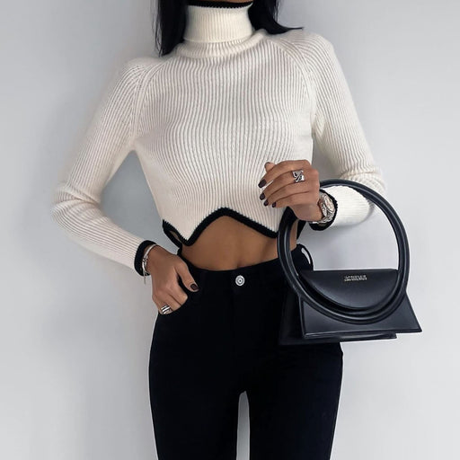 Color-Black lines with white background-Autumn Winter Women Clothes Turtleneck Irregular Asymmetric Hem Short Sweater Women-Fancey Boutique