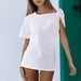 Color-White-Special Solid Color T shirt Autumn Irregular Asymmetric Shoulder Twist Design round Neck Pullover Cotton Short Sleeve-Fancey Boutique
