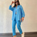 Color-skyblue-Women Crepe Loose Collared Long Sleeves Shirt Straight Leg Pants Casual Suit Women-Fancey Boutique