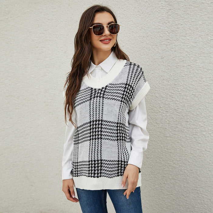 Color-White-Women Clothing Autumn Winter Casual Loose V-neck Sleeveless Knitted Vest Plaid Knitted Vest Sweater-Fancey Boutique