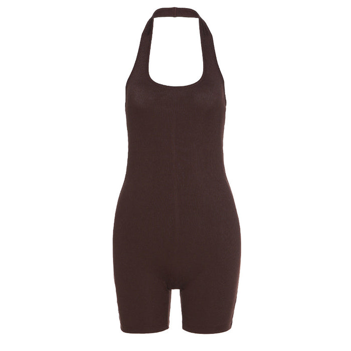 Color-Brown-Spring Clothing Solid Color Sexy Backless Halter Short Sports Romper-Fancey Boutique