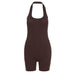 Color-Brown-Spring Clothing Solid Color Sexy Backless Halter Short Sports Romper-Fancey Boutique