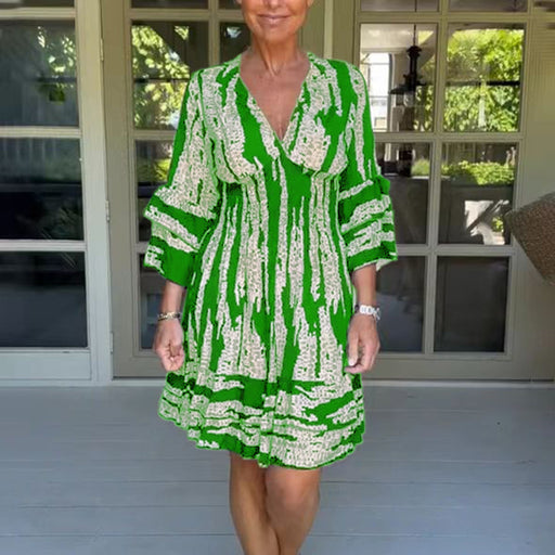 Color-Green-Arrival Fitted Waist Flare Sleeve V neck Dress Summer Women Clothing Printed Midi Dress-Fancey Boutique