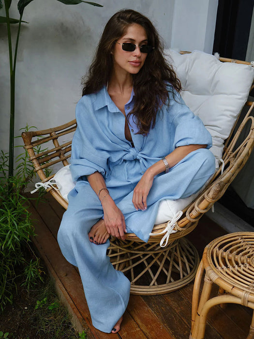 Long Sleeved Casual Suit Autumn Women Loose Casual Cotton Shirt Trousers Suit-Skyblue-Fancey Boutique