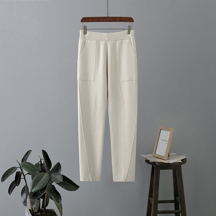 Color-Apricot-High Waist Knit Harem Pants for Women Autumn Winter Loose Thin Baggy Pants Korean Casual Cropped Pants-Fancey Boutique