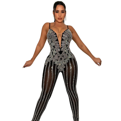Color-Black-Nightclub Mesh Drilling See through Sling Jumpsuit Women Clothing-Fancey Boutique