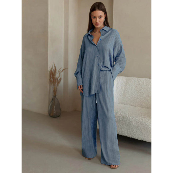 Color-Blue-Autumn Winter Popular Casual Pleated Shirt-Style Wide-Leg Pants Suit-Fancey Boutique