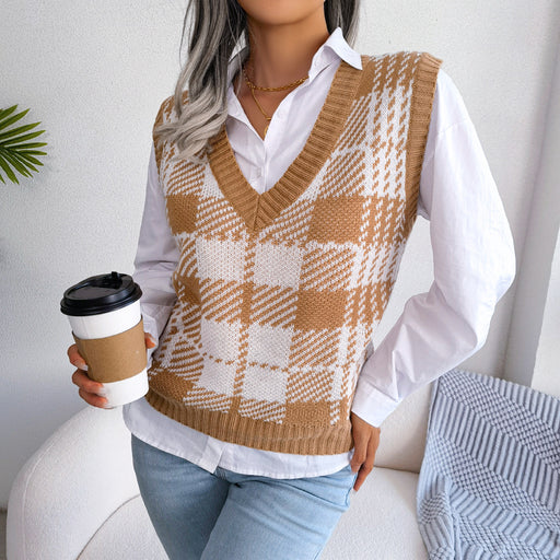 Color-Khaki-Autumn Winter Casual Color Contrast Check Knitted Vest Sweater Vest Women Clothing-Fancey Boutique