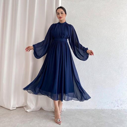 Color-Navy Blue-Elegant Half Turtleneck Long Sleeve Zipper Pleated Puffy Medium Long Trousers Fairy Dress Women-Fancey Boutique