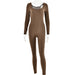 Color-Khaki-Sexy Soft High Elastic Long Sleeve Tights U Collar Stitching Trousers Jumpsuit-Fancey Boutique