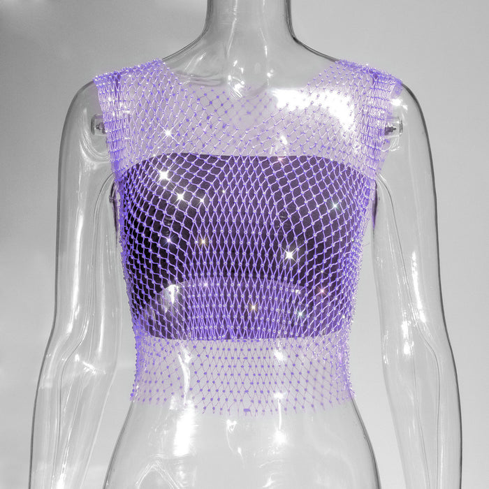 Color-V-neck purple-Mesh Diamond Vest Sexy Hollow Out Cutout Nightclub Disco Women Top-Fancey Boutique