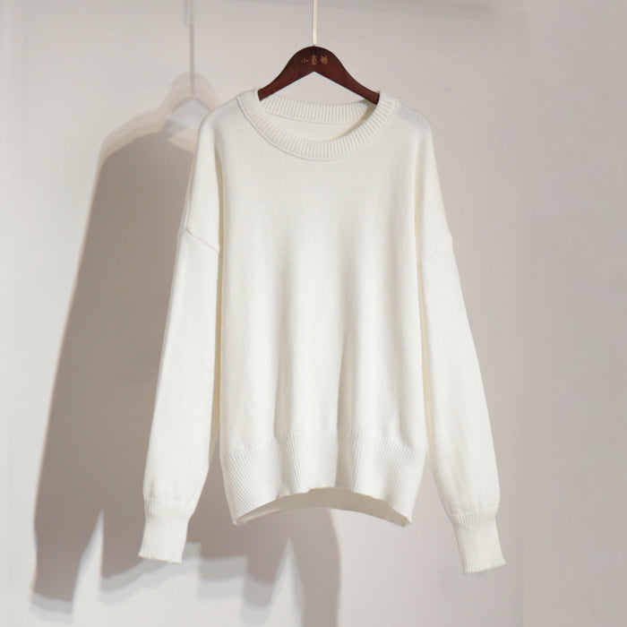 Solid Color round Neck Sweater Autumn Winter Office Casual round Neck Knitted Sweater-White-Fancey Boutique