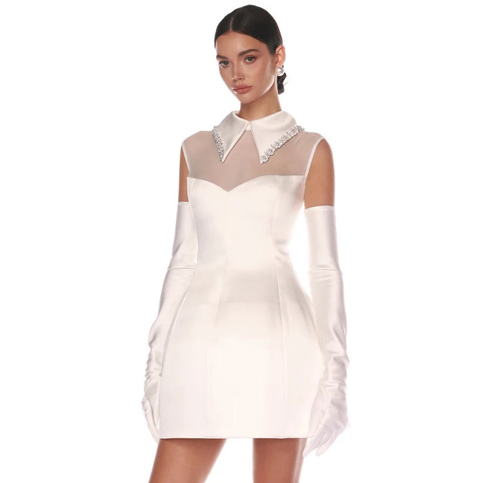 Autumn Winter Elegant Pure White Satin Mesh Dress Slim Gloves Pettiskirt Women Clothing-Fancey Boutique