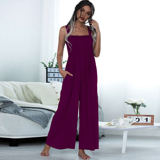 Color-Purple-Summer Women Clothing Smocking Vest Sling Wide Leg Jumpsuit Women-Fancey Boutique
