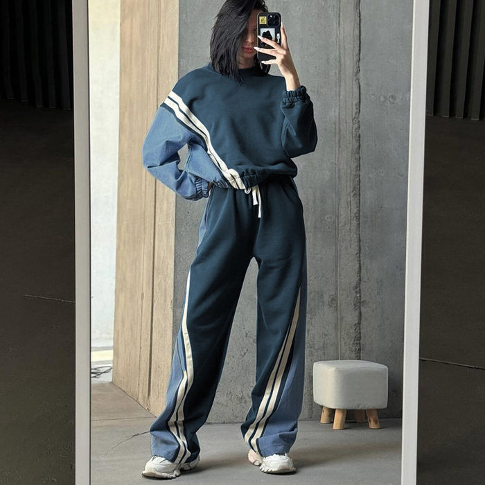 Autumn Winter Sports Contrast Color Striped Sweater Sets Pullover Top Drawstring Trousers Two Piece Set-Fancey Boutique