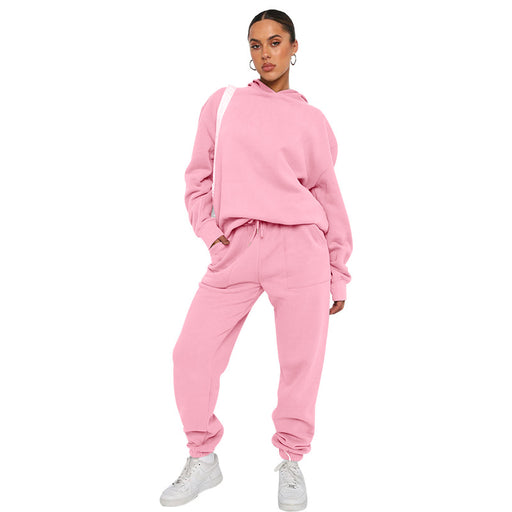 Color-Pink-Autumn Winter Solid Color Hooded Long Sleeve Sweater Women Clothing Casual Trousers Suit-Fancey Boutique