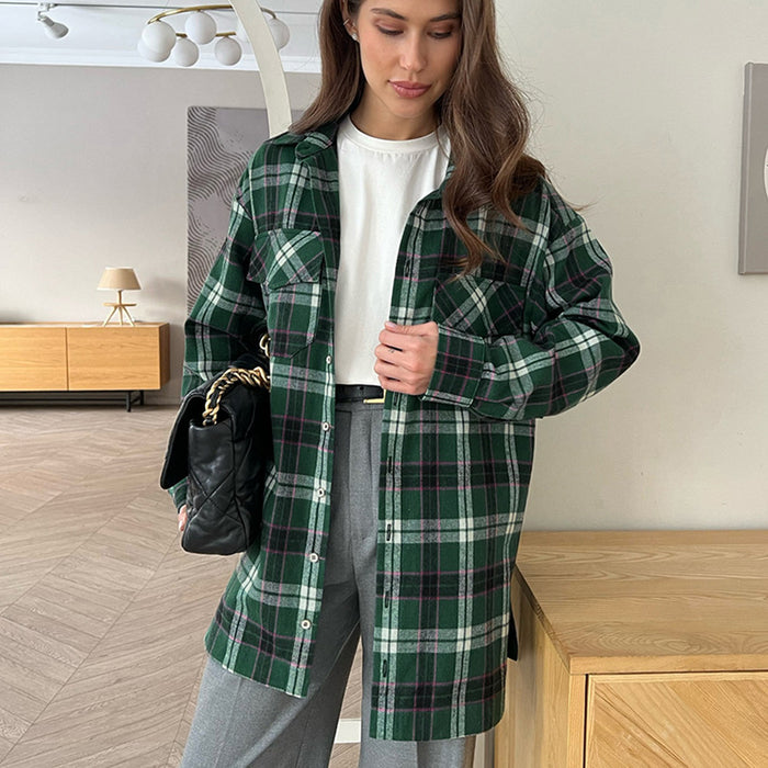 Autumn Casual Green Loose Lapels Plaid Shirt Russian Long Office Minimalist Cardigan Women Clothes-Fancey Boutique