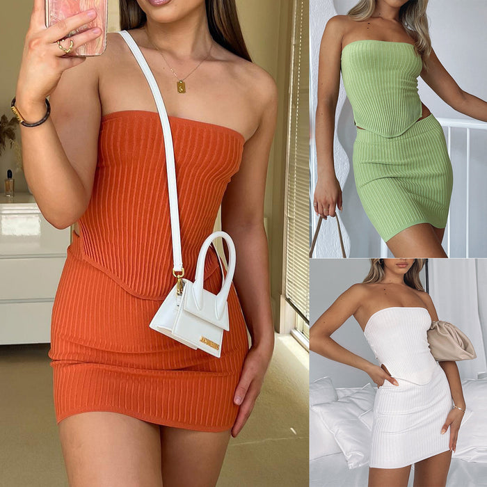 Knitted Irregular Asymmetric Tube Top Top Skirt Set New Backless Sexy Skirt Hip Skirt Two-Piece-Fancey Boutique