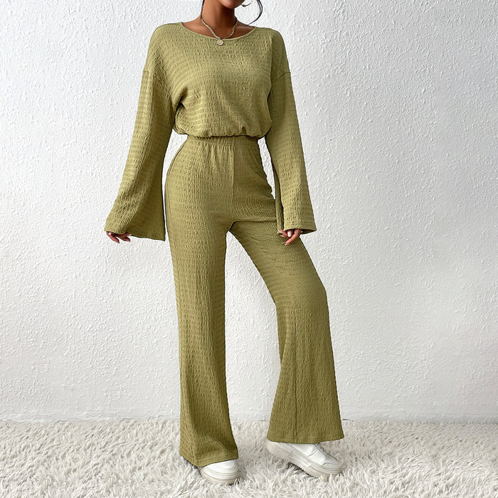 Color-Green-Suit Women Autumn Solid Color round Neck Long Sleeve Top Casual Trousers-Fancey Boutique