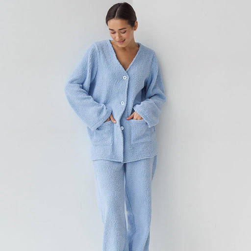 Color-Blue-Blue Woolen Comfortable Warm Long Sleeves Pajamas Two Piece Set Exclusive for Ladies Homewear-Fancey Boutique