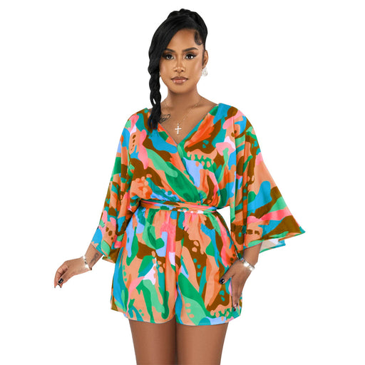 Women Wear V Neck Sexy Backless Print Shorts Jumpsuit-Green-Fancey Boutique