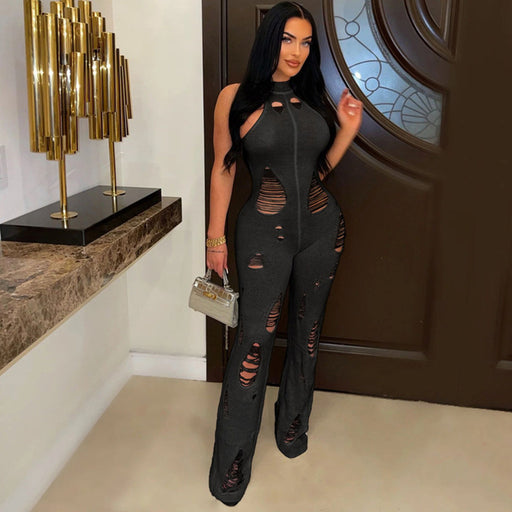Color-Black-Summer Women Clothing Sexy Sleeveless Knitted Ripped High Collar High Waist Slim Long Jumpsuit-Fancey Boutique