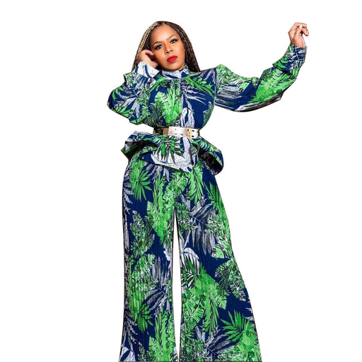 Color-Green-Women Clothing Lantern Long Sleeve Wide Leg Pants Printed Casual Two Piece Suit-Fancey Boutique