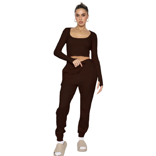 Color-Coffee-Autumn Winter U Collar Pullover Long Sleeved Women Two Piece Suit Casual Trousers-Fancey Boutique