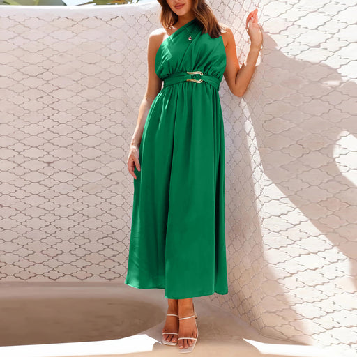 Color-Green-Women Clothing Popular Elegant Slim One Shoulder Metal Thin Dress Dress-Fancey Boutique