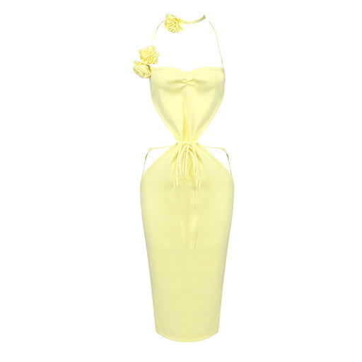 Color-Pale Yellow-Women Clothing Autumn Three Dimensional Floral Cutout Lace Up Cami Dress Bandage Stretch Dress-Fancey Boutique