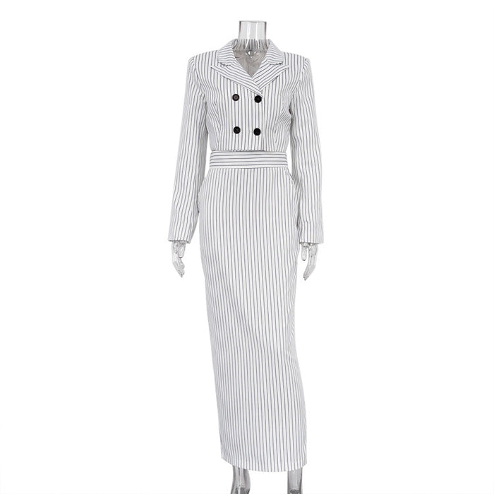 Women Clothing Striped Skirt Set High Sense Short Blazer Two Piece Set-White-Fancey Boutique