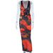 Color-Orange Black-Printing Suit Sexy Strap Lace up Vest Sheath Skirt Two Piece Suit Women-Fancey Boutique