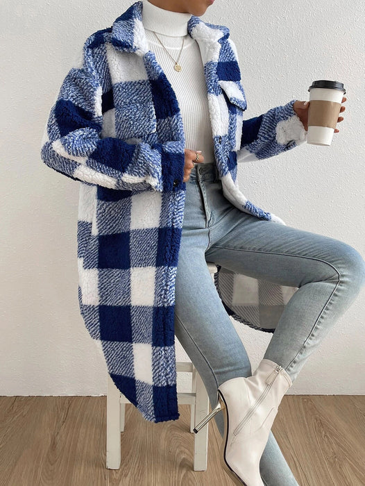 Color-Multi-3-Autumn Winter Open Buckle Collared Plush Plaid Coat Loose Office Long Cut Coat Women-Fancey Boutique