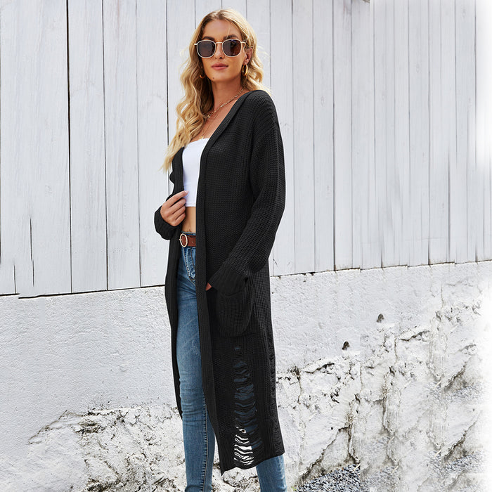 Color-Black-Autumn Winter Women Long Knitwear Ripped Cardigan Hooded Sweater Coat-Fancey Boutique