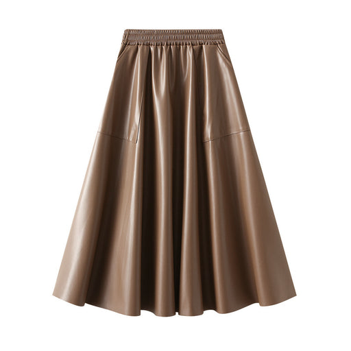Color-Khaki-Retro Large Pocket Leather Skirt Women Autumn High Waist Slimming Large Hem Umbrella Skirt-Fancey Boutique