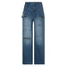Tall Multi Pocket Zipper Worn Jeans Women Ribbon Straight Wide Leg Trousers-Blue-Fancey Boutique